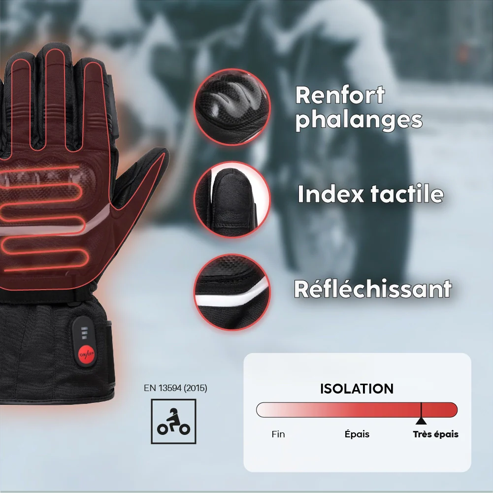 Gants moto chauffants RIDER avec batterie